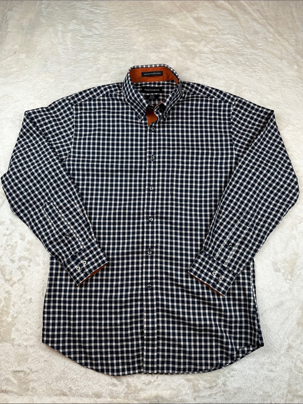 Paul Fredrick Neck Size 16 Navy and White Checked Button-Down Shirt | Business